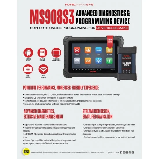 Професионална автодиагностика Autel MaxiSYS MS908S3, J2534, DOIP, CanFD, с онлайн програмиране, кодиране и включени 2г. ъпдейти, 47 ресет функции, FCA+подарък 2 часа обучение