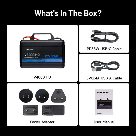 Професионална Външна батерия, Jump Starter 12/24V за тежкотоварни и коли TOPDON V4000 HD, 64000 mAh, подходящ за двигатели до 16L
