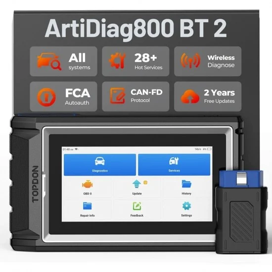 Професионална автодиагностика TOPDON ArtiDiag800BT 2, с меню на български, CAN FD, FCA, SGW, 28 ресета и безплатни доживотни ъпдейти+подарък 2 часа обучение