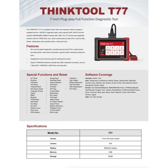 Професионална автодиагностика Thinktool T77, Can FD, DOIP, кодиране и включени 2г. ъпдейти, 35 ресет функции, FCA+подарък 2 часа обучение