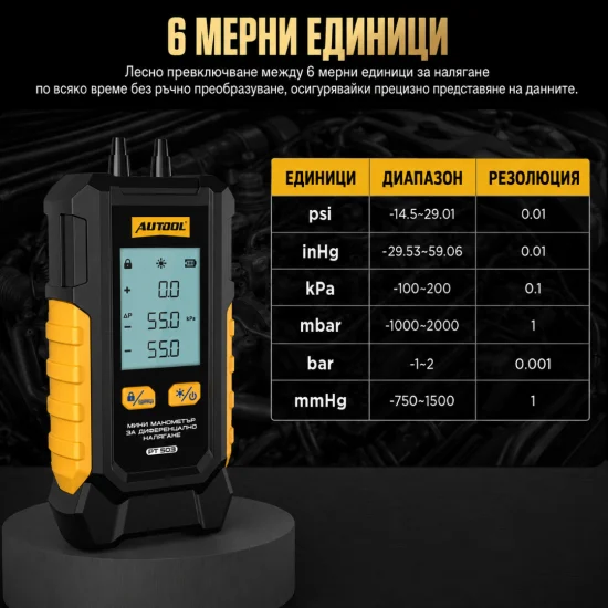 AUTOOL PT503 – Мини дигитален манометър за диференциално налягане