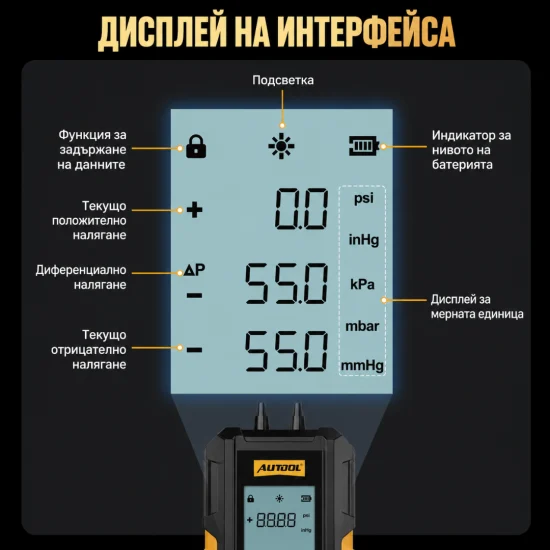 AUTOOL PT503 – Мини дигитален манометър за диференциално налягане